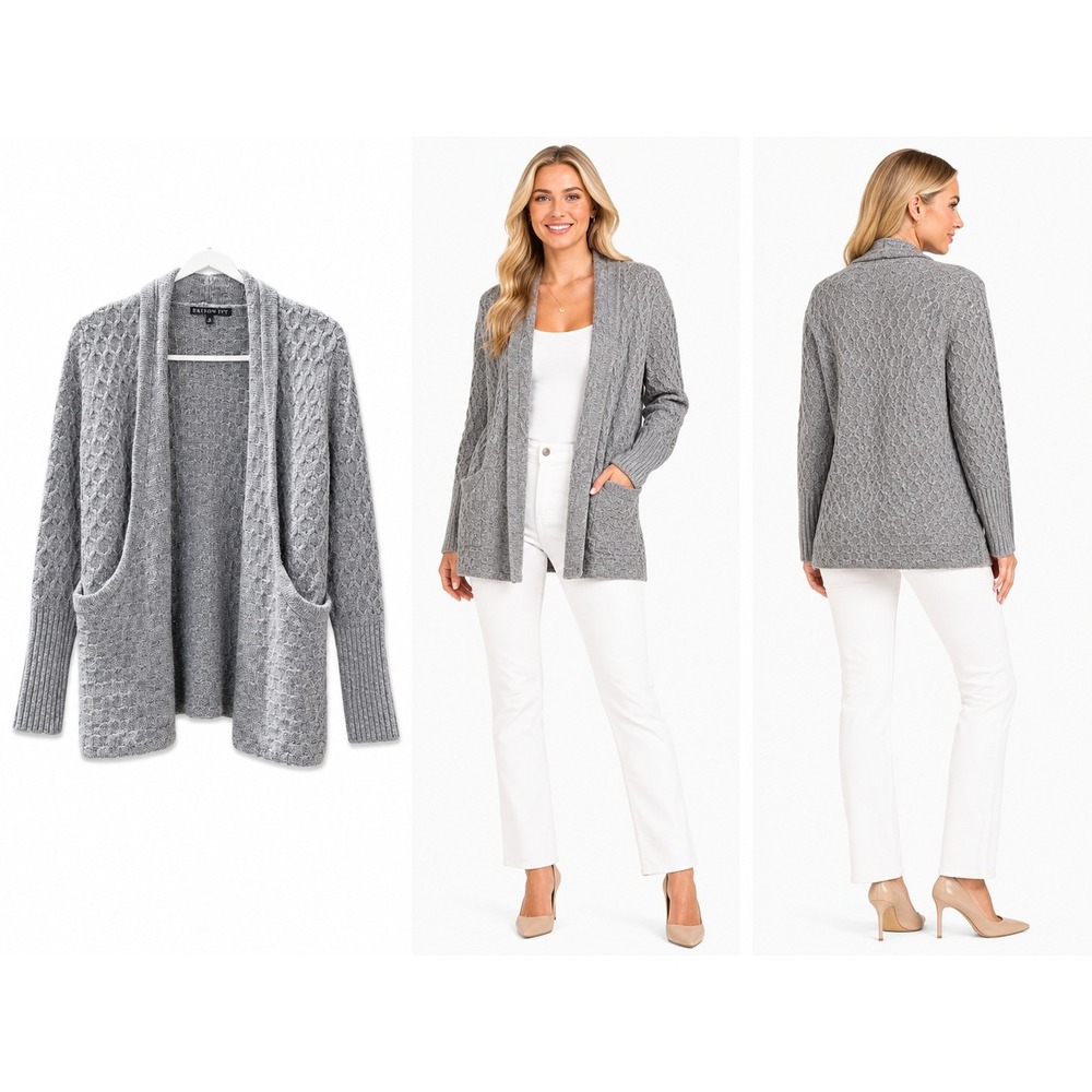 Brixon Ivy Cardigan Women S Gray Open Front Honeycomb Knit Ribbed Cuff Sweater